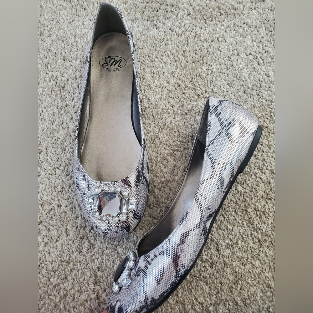 Metallic Snake Print Ballet Flats with Jewel Accent